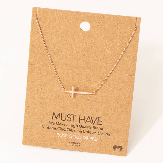 Side Cross Pendant Necklace: Rose Gold